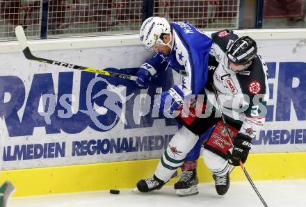 Eishockey testspiel. VSV gegen Starbulls Rosenheim. Brock McBride,  (VSV), Peter Lindlbauer (Rosenheim). Villach, am 9.9.2016.
Foto: Kuess
---
pressefotos, pressefotografie, kuess, qs, qspictures, sport, bild, bilder, bilddatenbank