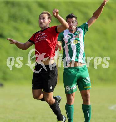 Fussball Kaerntner Liga. Maria Saal gegen Rapid Lienz. Bernhard Walzl,  (Maria Saal), Patrick Eder (Lienz). Maria Saal, am 10.9.2016.
Foto: Kuess
---
pressefotos, pressefotografie, kuess, qs, qspictures, sport, bild, bilder, bilddatenbank