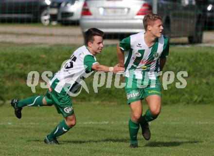 Fussball Kaerntner Liga. Maria Saal gegen Rapid Lienz. Torjubel Mario Kleinlercher, Manuel Amoser (Lienz). Maria Saal, am 10.9.2016.
Foto: Kuess
---
pressefotos, pressefotografie, kuess, qs, qspictures, sport, bild, bilder, bilddatenbank