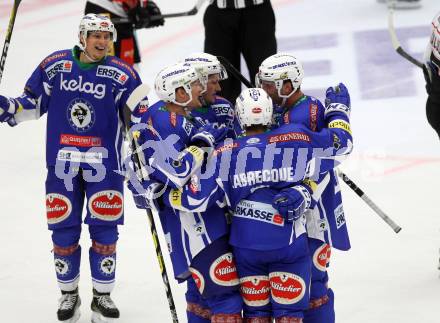 EBEL. Eishockey Bundesliga.  VSV gegen HC Orli Znojmo. Torjubel (VSV). Villach, am 18.9.2016.
Foto: Kuess 
---
pressefotos, pressefotografie, kuess, qs, qspictures, sport, bild, bilder, bilddatenbank