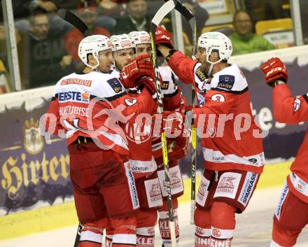 EBEL. Eishockey Bundesliga.  KAC gegen HC Orli Znojmo. Torjubel Mark Hurtubise, Stefan Geier, Steven Strong, David Fischer  (KAC). Klagenfurt, am 23.9.2016.
Foto: Kuess 
---
pressefotos, pressefotografie, kuess, qs, qspictures, sport, bild, bilder, bilddatenbank