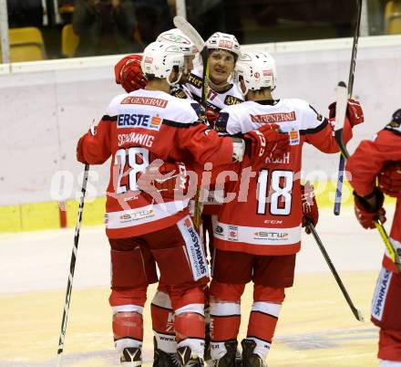 EBEL. Eishockey Bundesliga.  KAC gegen HC Orli Znojmo. Torjubel Martin Schumnig, Thomas Koch,  Manuel Ganahl  (KAC). Klagenfurt, am 23.9.2016.
Foto: Kuess 
---
pressefotos, pressefotografie, kuess, qs, qspictures, sport, bild, bilder, bilddatenbank