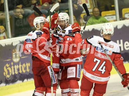 EBEL. Eishockey Bundesliga.  KAC gegen HC Orli Znojmo. Torjubel Mark Hurtubise, Stefan Geier, David Fischer,  Jamie Lundmark   (KAC). Klagenfurt, am 23.9.2016.
Foto: Kuess 
---
pressefotos, pressefotografie, kuess, qs, qspictures, sport, bild, bilder, bilddatenbank