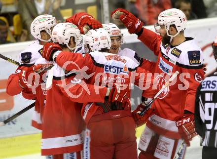 EBEL. Eishockey Bundesliga.  KAC gegen HC Orli Znojmo. Torjubel Ziga Pance, Neal Matthew, Manuel Ganahl, Kevin Kapstad, Christoph Duller   (KAC). Klagenfurt, am 23.9.2016.
Foto: Kuess 
---
pressefotos, pressefotografie, kuess, qs, qspictures, sport, bild, bilder, bilddatenbank