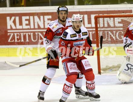 EBEL. Eishockey Bundesliga.  KAC gegen HC Orli Znojmo. Kevin Schettina, (KAC),Jakub Stehlik (Znojmo). Klagenfurt, am 23.9.2016.
Foto: Kuess 
---
pressefotos, pressefotografie, kuess, qs, qspictures, sport, bild, bilder, bilddatenbank