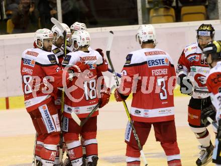 EBEL. Eishockey Bundesliga.  KAC gegen HC Orli Znojmo. Torjubel Martin Schumnig, Thomas Koch,  Manuel Ganahl  (KAC). Klagenfurt, am 23.9.2016.
Foto: Kuess 
---
pressefotos, pressefotografie, kuess, qs, qspictures, sport, bild, bilder, bilddatenbank