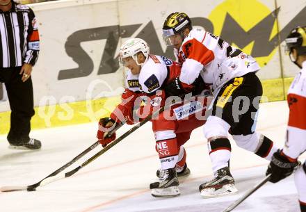 EBEL. Eishockey Bundesliga.  KAC gegen HC Orli Znojmo. Jamie Lundmark,  (KAC), Dalibor Reznicek (Znojmo). Klagenfurt, am 23.9.2016.
Foto: Kuess 
---
pressefotos, pressefotografie, kuess, qs, qspictures, sport, bild, bilder, bilddatenbank