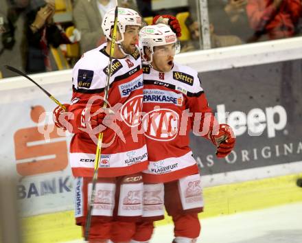 EBEL. Eishockey Bundesliga.  KAC gegen HC Orli Znojmo. Torjubel Ziga Pance, Neal Matthew (KAC). Klagenfurt, am 23.9.2016.
Foto: Kuess 
---
pressefotos, pressefotografie, kuess, qs, qspictures, sport, bild, bilder, bilddatenbank