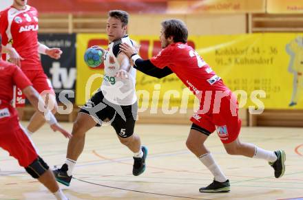 Handball HLA. SC Ferlach gegen HC Hard.  Mario Simic, (Ferlach), Thomas Weber (Hard). Ferlach, am 27.9.2016.
Foto: Kuess
---
pressefotos, pressefotografie, kuess, qs, qspictures, sport, bild, bilder, bilddatenbank