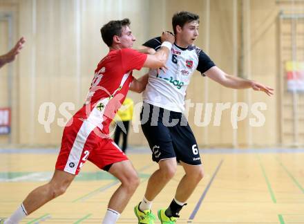 Handball HLA. SC Ferlach gegen HC Hard. Leander Krobath, (Ferlach), Lukas Herburger  (Hard). Ferlach, am 27.9.2016.
Foto: Kuess
---
pressefotos, pressefotografie, kuess, qs, qspictures, sport, bild, bilder, bilddatenbank