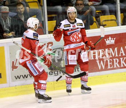 EBEL. Eishockey Bundesliga.  KAC gegen HC TWK Innsbruck. Torjubel Johannes Bischofberger (KAC). Klagenfurt, am 2.10.2016.
Foto: Kuess 
---
pressefotos, pressefotografie, kuess, qs, qspictures, sport, bild, bilder, bilddatenbank