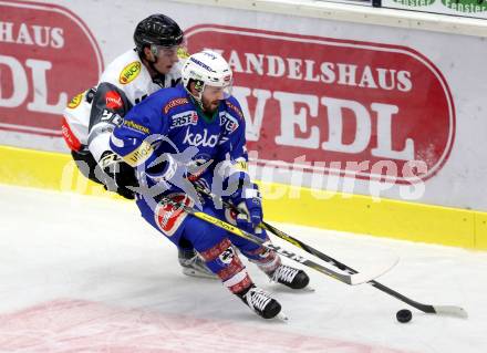 EBEL. Eishockey Bundesliga.  VSV gegen Dornbirner Eishockey Club. Samuel Labrecque,  (VSV), Stefan Haeussle (Dornbirn). Villach, am 2.10.2016.
Foto: Kuess 
---
pressefotos, pressefotografie, kuess, qs, qspictures, sport, bild, bilder, bilddatenbank