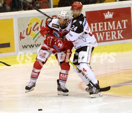 EBEL. Eishockey Bundesliga.  KAC gegen HC TWK Innsbruck. Thomas Koch,  (KAC), Florian Pedevilla (Innsbruck). Klagenfurt, am 2.10.2016.
Foto: Kuess 
---
pressefotos, pressefotografie, kuess, qs, qspictures, sport, bild, bilder, bilddatenbank