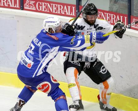 EBEL. Eishockey Bundesliga.  VSV gegen Dornbirner Eishockey Club. Mikko Jokela,  (VSV), Nikolas Petrik (Dornbirn). Villach, am 2.10.2016.
Foto: Kuess 
---
pressefotos, pressefotografie, kuess, qs, qspictures, sport, bild, bilder, bilddatenbank