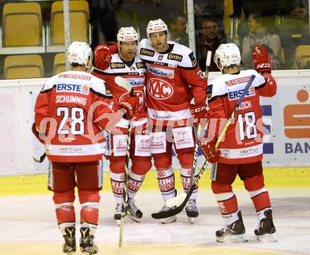 EBEL. Eishockey Bundesliga.  KAC gegen HC TWK Innsbruck. Torjubel Jamie Lundmark, Ziga Pance, Martin Schumnig, Thomas Koch (KAC). Klagenfurt, am 2.10.2016.
Foto: Kuess 
---
pressefotos, pressefotografie, kuess, qs, qspictures, sport, bild, bilder, bilddatenbank