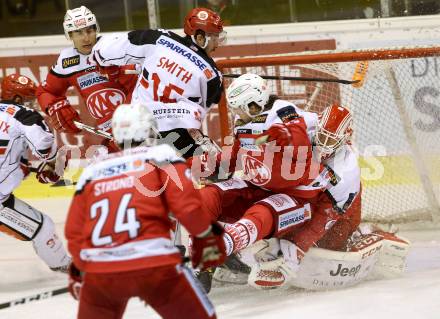 EBEL. Eishockey Bundesliga.  KAC gegen HC TWK Innsbruck. Duba Tomas, Thomas Hundertpfund,  (KAC), Austin Smith (Innsbruck). Klagenfurt, am 2.10.2016.
Foto: Kuess 
---
pressefotos, pressefotografie, kuess, qs, qspictures, sport, bild, bilder, bilddatenbank