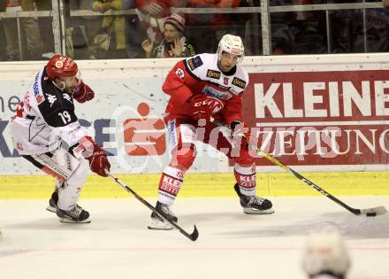 EBEL. Eishockey Bundesliga.  KAC gegen HC TWK Innsbruck. Ziga Pance,  (KAC), Tyler Spurgeon (Innsbruck). Klagenfurt, am 2.10.2016.
Foto: Kuess 
---
pressefotos, pressefotografie, kuess, qs, qspictures, sport, bild, bilder, bilddatenbank