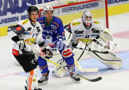 EBEL. Eishockey Bundesliga.  VSV gegen Dornbirner Eishockey Club. Corin Locke, (VSV), Olivier Magnan, Florian Hardy (Dornbirn). Villach, am 2.10.2016.
Foto: Kuess 
---
pressefotos, pressefotografie, kuess, qs, qspictures, sport, bild, bilder, bilddatenbank