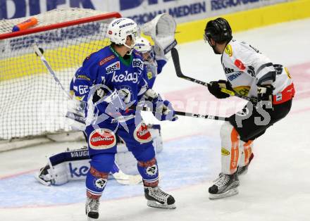 EBEL. Eishockey Bundesliga.  VSV gegen Dornbirner Eishockey Club. Kevin Wehrs, (VSV), Matt Siddall  (Dornbirn). Villach, am 2.10.2016.
Foto: Kuess 
---
pressefotos, pressefotografie, kuess, qs, qspictures, sport, bild, bilder, bilddatenbank