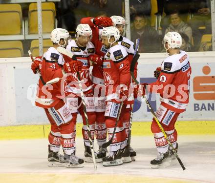 EBEL. Eishockey Bundesliga.  KAC gegen HC TWK Innsbruck. Torjubel Jamie Lundmark, Ziga Pance, Martin Schumnig, Thomas Koch, Matthew Neal (KAC). Klagenfurt, am 2.10.2016.
Foto: Kuess 
---
pressefotos, pressefotografie, kuess, qs, qspictures, sport, bild, bilder, bilddatenbank