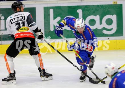 EBEL. Eishockey Bundesliga.  VSV gegen Dornbirner Eishockey Club. Brock McBride, (VSV), Charlie Sarault (Dornbirn). Villach, am 2.10.2016.
Foto: Kuess 
---
pressefotos, pressefotografie, kuess, qs, qspictures, sport, bild, bilder, bilddatenbank