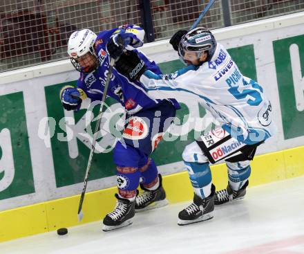 EBEL. Eishockey Bundesliga.  VSV gegen EHC Liwest Black Wings Linz. Benjamin Lanzinger,  (VSV), Sebastien Piche (Linz). Villach, am 4.10.2016.
Foto: Kuess 
---
pressefotos, pressefotografie, kuess, qs, qspictures, sport, bild, bilder, bilddatenbank