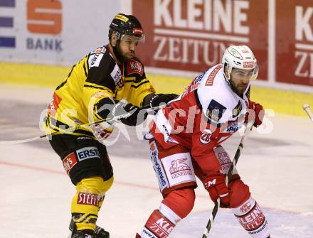 EBEL. Eishockey Bundesliga. KAC gegen 	UPC Vienna Capitals. Martin Schumnig,  (KAC), Kelsey Tessier (Vienna). Klagenfurt, am 6.10.2016.
Foto: Kuess

---
pressefotos, pressefotografie, kuess, qs, qspictures, sport, bild, bilder, bilddatenbank