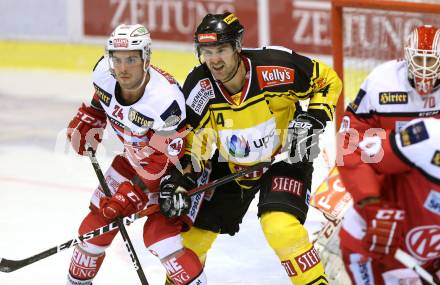 EBEL. Eishockey Bundesliga. KAC gegen 	UPC Vienna Capitals. Steven Strong, (KAC), Jonathan Ferland  (Vienna). Klagenfurt, am 6.10.2016.
Foto: Kuess

---
pressefotos, pressefotografie, kuess, qs, qspictures, sport, bild, bilder, bilddatenbank