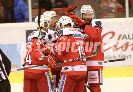 EBEL. Eishockey Bundesliga. KAC gegen 	UPC Vienna Capitals. Torjubel Christoph Duller, Jamie Lundmark, Steven Strong, Stefan Geier (KAC). Klagenfurt, am 6.10.2016.
Foto: Kuess

---
pressefotos, pressefotografie, kuess, qs, qspictures, sport, bild, bilder, bilddatenbank