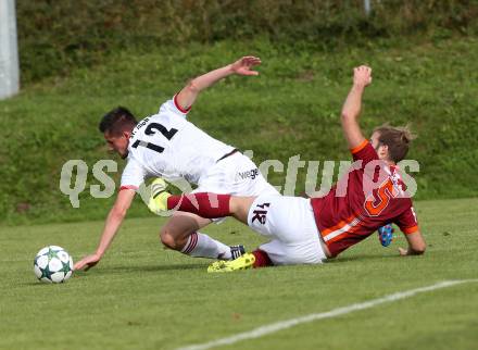 Fussball. Unterliga West. Ludmannsdorf gegen St. Jakob/Ros. Stefan Kalt (Ludmannsdorf), Harald Ottowitz (St. Jakob). Ludmannsdorf, 9.10.2016.
Foto: Kuess
---
pressefotos, pressefotografie, kuess, qs, qspictures, sport, bild, bilder, bilddatenbank