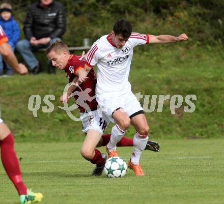 Fussball. Unterliga West. Ludmannsdorf gegen St. Jakob/Ros. Oswin Rupp (Ludmannsdorf), Manuel Alexander Schuettelkopf  (St. Jakob). Ludmannsdorf, 9.10.2016.
Foto: Kuess
---
pressefotos, pressefotografie, kuess, qs, qspictures, sport, bild, bilder, bilddatenbank