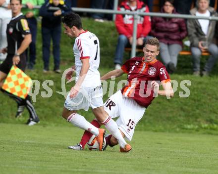 Fussball. Unterliga West. Ludmannsdorf gegen St. Jakob/Ros. Oswin Rupp (Ludmannsdorf), Manuel Alexander Schuettelkopf  (St. Jakob). Ludmannsdorf, 9.10.2016.
Foto: Kuess
---
pressefotos, pressefotografie, kuess, qs, qspictures, sport, bild, bilder, bilddatenbank