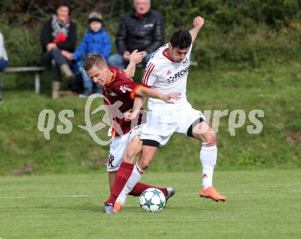 Fussball. Unterliga West. Ludmannsdorf gegen St. Jakob/Ros. Oswin Rupp (Ludmannsdorf), Manuel Alexander Schuettelkopf  (St. Jakob). Ludmannsdorf, 9.10.2016.
Foto: Kuess
---
pressefotos, pressefotografie, kuess, qs, qspictures, sport, bild, bilder, bilddatenbank