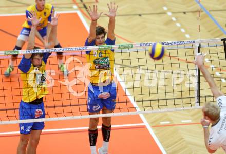 Volleyball MEVZA. SK Posojilnica Aich/Dob gegen Calcit Volleyball Kamnik. Michal Hruska, Anton Lukas Menner (Aich/Dob). Bleiburg, am 13.10.2016.
Foto: Kuess

---
pressefotos, pressefotografie, kuess, qs, qspictures, sport, bild, bilder, bilddatenbank