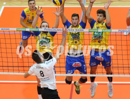 Volleyball MEVZA. SK Posojilnica Aich/Dob gegen Calcit Volleyball Kamnik.  Maximilian Thaller, Uros Pavlovic, Anton Lukas Menner (Aich/Dob). Bleiburg, am 13.10.2016.
Foto: Kuess

---
pressefotos, pressefotografie, kuess, qs, qspictures, sport, bild, bilder, bilddatenbank