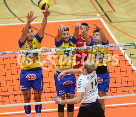 Volleyball MEVZA. SK Posojilnica Aich/Dob gegen Calcit Volleyball Kamnik. Peter Mlynarcik, Uros Pavlovic, Anestis Dalakouras
 (Aich/Dob). Bleiburg, am 13.10.2016.
Foto: Kuess

---
pressefotos, pressefotografie, kuess, qs, qspictures, sport, bild, bilder, bilddatenbank