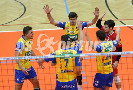 Volleyball MEVZA. SK Posojilnica Aich/Dob gegen Calcit Volleyball Kamnik. Jubel (Aich/Dob). Bleiburg, am 13.10.2016.
Foto: Kuess

---
pressefotos, pressefotografie, kuess, qs, qspictures, sport, bild, bilder, bilddatenbank