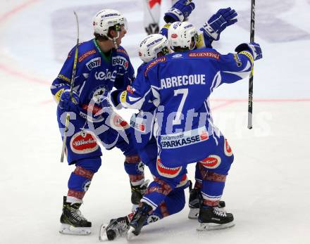 EBEL. Eishockey Bundesliga.  VSV gegen HC TWK Innsbruck Die Haie. Torjubel Christof Kromp, Samuel Labrecque, (VSV). Villach, am 14.10.2016.
Foto: Kuess 
---
pressefotos, pressefotografie, kuess, qs, qspictures, sport, bild, bilder, bilddatenbank