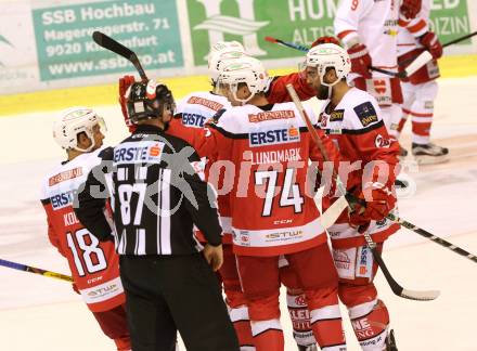 EBEL. Eishockey Bundesliga. KAC gegen 	HCB Suedtirol Alperia. Torjubel (KAC). Klagenfurt, am 14.10.2016.
Foto: Kuess
---
pressefotos, pressefotografie, kuess, qs, qspictures, sport, bild, bilder, bilddatenbank