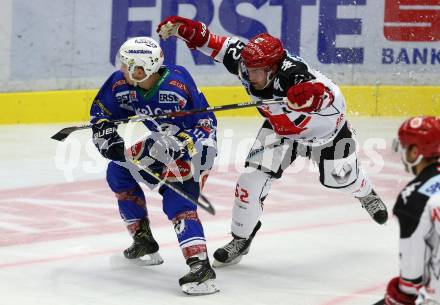 EBEL. Eishockey Bundesliga.  VSV gegen HC TWK Innsbruck Die Haie. Florian Kucher, (VSV), Jason Desantis (Innsbruck). Villach, am 14.10.2016.
Foto: Kuess 
---
pressefotos, pressefotografie, kuess, qs, qspictures, sport, bild, bilder, bilddatenbank