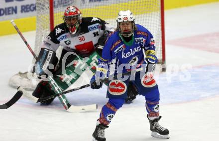 EBEL. Eishockey Bundesliga.  VSV gegen HC TWK Innsbruck Die Haie. Benjamin Lanzinger,  (VSV), Andy Chiodo (Innsbruck). Villach, am 14.10.2016.
Foto: Kuess 
---
pressefotos, pressefotografie, kuess, qs, qspictures, sport, bild, bilder, bilddatenbank