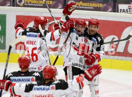 EBEL. Eishockey Bundesliga.  VSV gegen HC TWK Innsbruck Die Haie. Torjubel Hunter Bishop, Tyler Spurgeon, Mario Huber (Innsbruck). Villach, am 14.10.2016.
Foto: Kuess 
---
pressefotos, pressefotografie, kuess, qs, qspictures, sport, bild, bilder, bilddatenbank