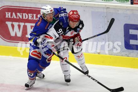 EBEL. Eishockey Bundesliga.  VSV gegen HC TWK Innsbruck Die Haie. Kevin Wehrs,  (VSV), Mario Lamoureux (Innsbruck). Villach, am 14.10.2016.
Foto: Kuess 
---
pressefotos, pressefotografie, kuess, qs, qspictures, sport, bild, bilder, bilddatenbank