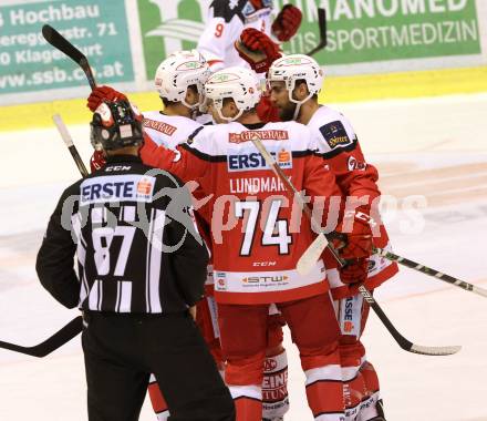 EBEL. Eishockey Bundesliga. KAC gegen 	HCB Suedtirol Alperia. Torjubel (KAC). Klagenfurt, am 14.10.2016.
Foto: Kuess
---
pressefotos, pressefotografie, kuess, qs, qspictures, sport, bild, bilder, bilddatenbank