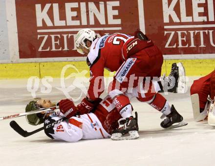 EBEL. Eishockey Bundesliga. KAC gegen 	HCB Suedtirol Alperia. Steven Strong, (KAC), Dennis Kearney (Bozen). Klagenfurt, am 14.10.2016.
Foto: Kuess

---
pressefotos, pressefotografie, kuess, qs, qspictures, sport, bild, bilder, bilddatenbank