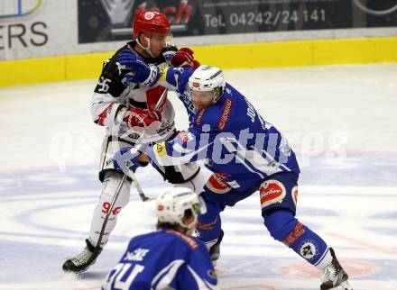 EBEL. Eishockey Bundesliga.  VSV gegen HC TWK Innsbruck Die Haie. Mikko Jokela,  (VSV), Mario Huber (Innsbruck). Villach, am 14.10.2016.
Foto: Kuess 
---
pressefotos, pressefotografie, kuess, qs, qspictures, sport, bild, bilder, bilddatenbank