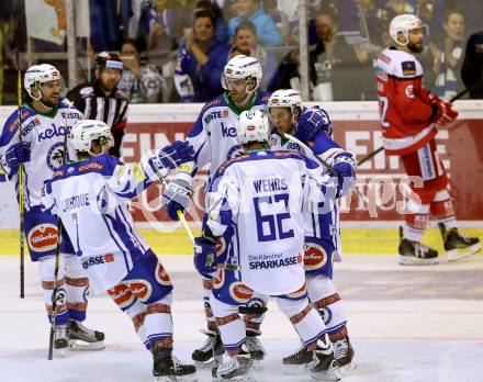 EBEL. Eishockey Bundesliga. KAC gegen VSV. Torjubel Miha Verlic, Corey Locke, Benjamin Petrik, Samuel Labrecque, Kevin Wehrs (VSV). Klagenfurt, am 16.10.2016.
Foto: Kuess

---
pressefotos, pressefotografie, kuess, qs, qspictures, sport, bild, bilder, bilddatenbank