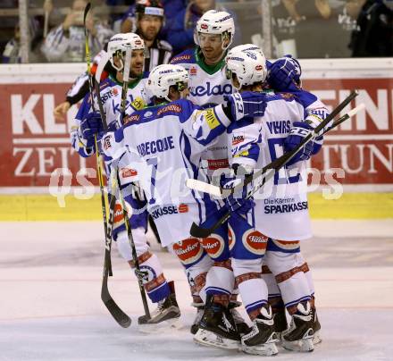 EBEL. Eishockey Bundesliga. KAC gegen VSV. Torjubel Miha Verlic, Corey Locke, Benjamin Petrik, Samuel Labrecque, Kevin Wehrs (VSV). Klagenfurt, am 16.10.2016.
Foto: Kuess

---
pressefotos, pressefotografie, kuess, qs, qspictures, sport, bild, bilder, bilddatenbank