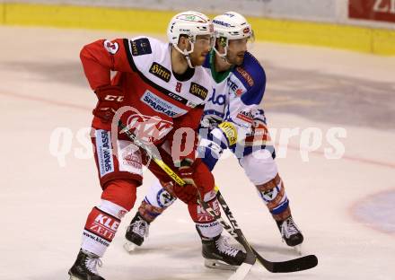 EBEL. Eishockey Bundesliga. KAC gegen VSV. Matthew Neal,, (KAC), Samuel Labrecque  (VSV). Klagenfurt, am 16.10.2016.
Foto: Kuess

---
pressefotos, pressefotografie, kuess, qs, qspictures, sport, bild, bilder, bilddatenbank