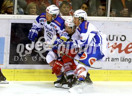 EBEL. Eishockey Bundesliga. KAC gegen VSV. Manuel Ganahl,  (KAC), Nico Brunner, Christof Kromp (VSV). Klagenfurt, am 16.10.2016.
Foto: Kuess

---
pressefotos, pressefotografie, kuess, qs, qspictures, sport, bild, bilder, bilddatenbank